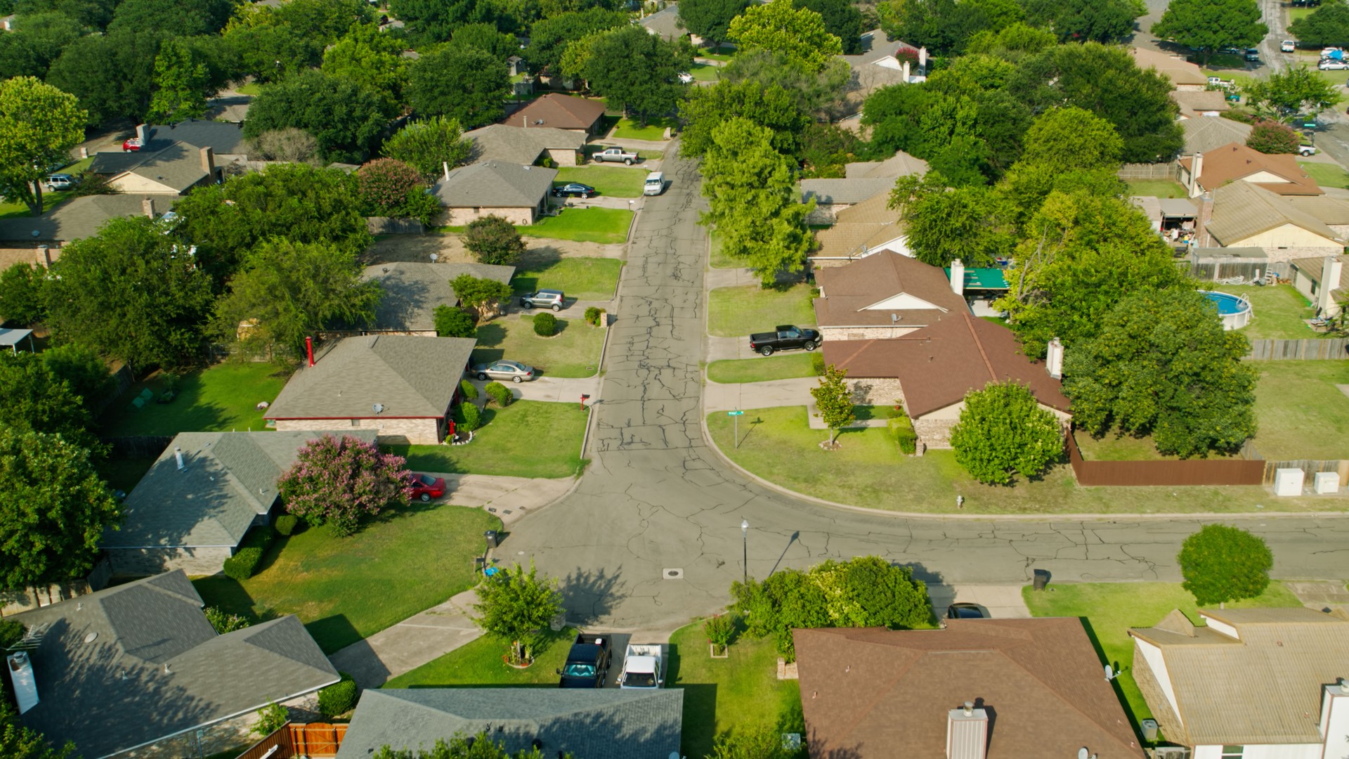 High Angle Drone Shot of Residential Street in Fort Worth, TX